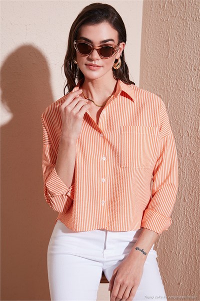 Regular Fit Çizgili Göğüs Cepli Dokulu Kadın Gömlek 6772870 ORANJ