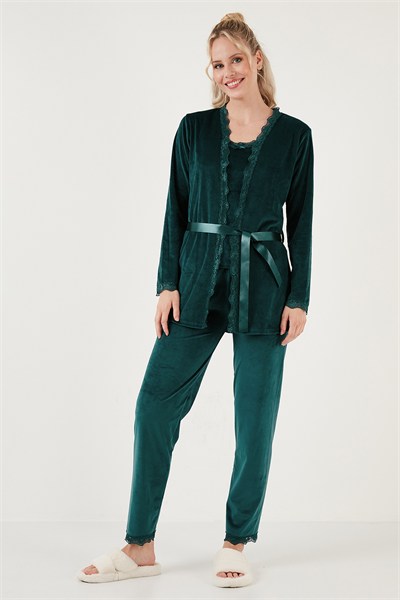 Regular Fit Dantelli Yumuşak Dokulu Sabahlıklı Kadife Kadın Pijama Takımı 6095545 NEFTİ