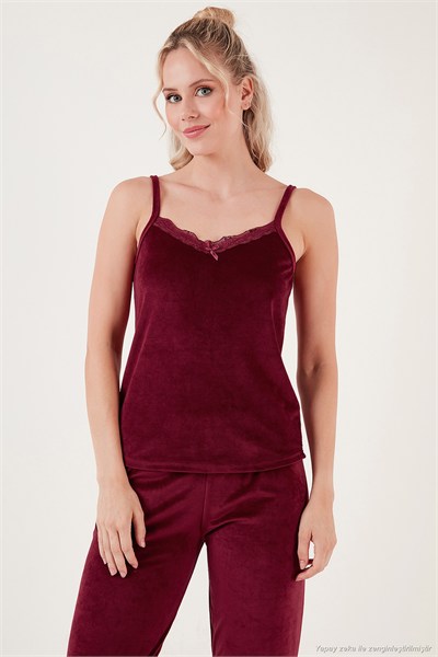 Regular Fit Dantelli Yumuşak Dokulu Sabahlıklı Kadife Kadın Pijama Takımı 6095545 BORDO
