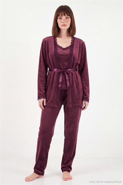 Regular Fit Dantelli Yumuşak Dokulu Sabahlıklı Kadife Kadın Pijama Takımı 6095545 MÜRDÜM