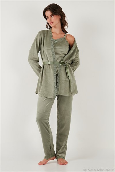 Regular Fit Dantelli Yumuşak Dokulu Sabahlıklı Kadife Kadın Pijama Takımı 6095545W4 MİNT
