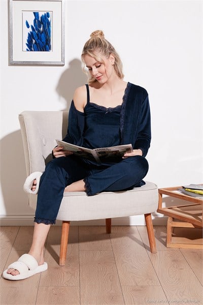 Regular Fit Dantelli Yumuşak Dokulu Sabahlıklı Kadife Kadın Pijama Takımı 6095545 LACİVERT