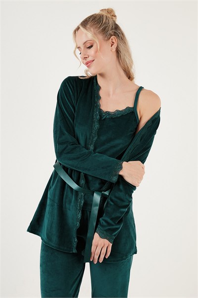 Regular Fit Dantelli Yumuşak Dokulu Sabahlıklı Kadife Kadın Pijama Takımı 6095545 NEFTİ