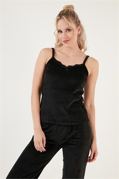 Regular Fit Dantelli Yumuşak Dokulu Sabahlıklı Kadife Kadın Pijama Takımı 6095545 SİYAH