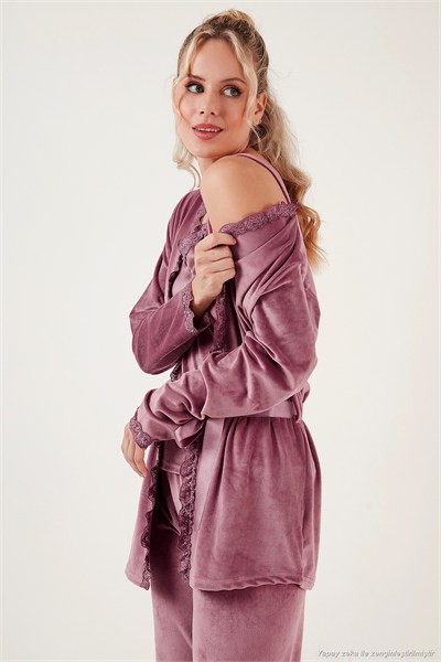 Regular Fit Dantelli Yumuşak Dokulu Sabahlıklı Kadife Kadın Pijama Takımı 6095545 PUDRA