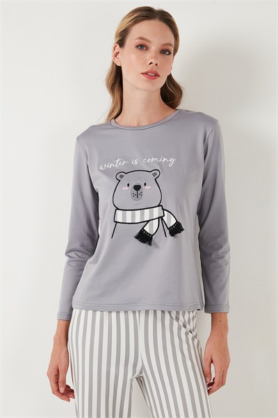 Regular Fit Desenli Bisiklet Yaka Kadın Pijama Takımı 65719102 GRİ