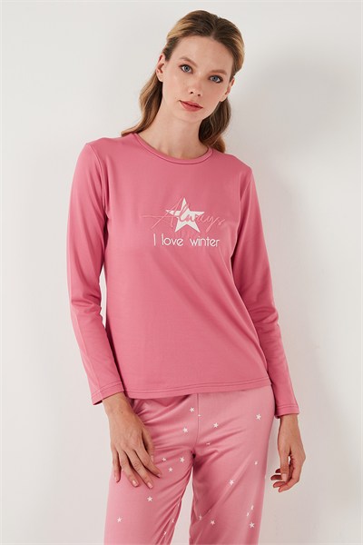 Regular Fit Desenli Bisiklet Yaka Kadın Pijama Takımı 65719102 PEMBE