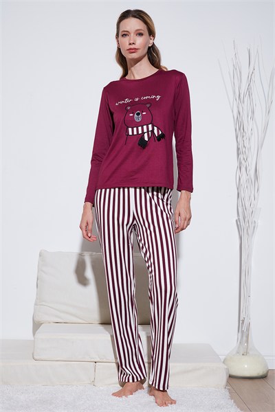 Regular Fit Desenli Bisiklet Yaka Kadın Pijama Takımı 65719102 MÜRDÜM