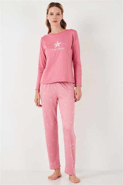 Regular Fit Desenli Bisiklet Yaka Kadın Pijama Takımı 65719102 PEMBE