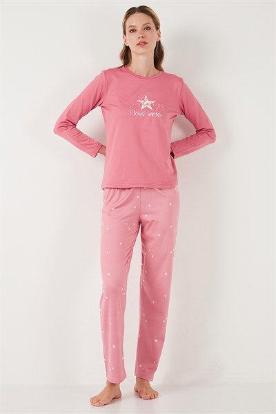 Regular Fit Desenli Bisiklet Yaka Kadın Pijama Takımı 65719102 PEMBE