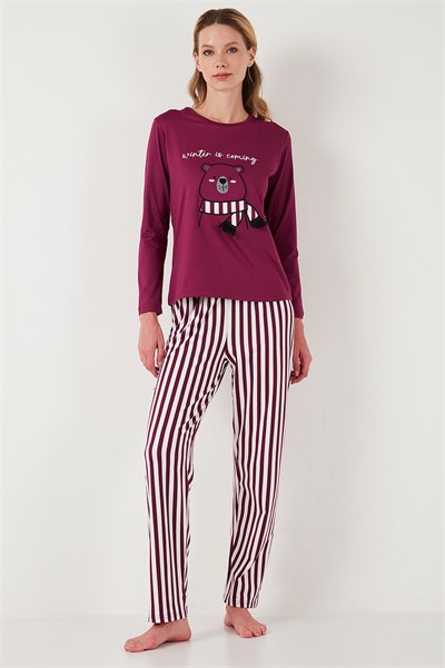 Regular Fit Desenli Bisiklet Yaka Kadın Pijama Takımı 65719102 MÜRDÜM