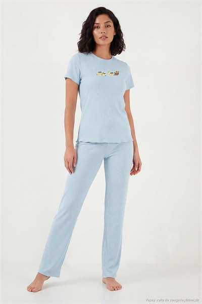 Regular Fit Desenli Bisiklet Yaka Kısa Kollu Kadın Pijama Takımı 65770823 MAVİ