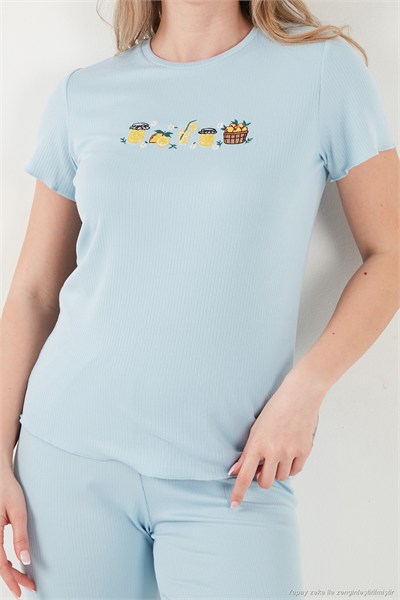 Regular Fit Desenli Bisiklet Yaka Kısa Kollu Kadın Pijama Takımı 65770823 MAVİ