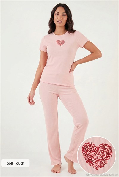 Regular Fit Desenli Bisiklet Yaka Kısa Kollu Kadın Pijama Takımı 65770823 KOYU PUDRA