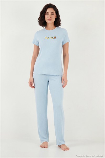 Regular Fit Desenli Bisiklet Yaka Kısa Kollu Kadın Pijama Takımı 65770823 MAVİ