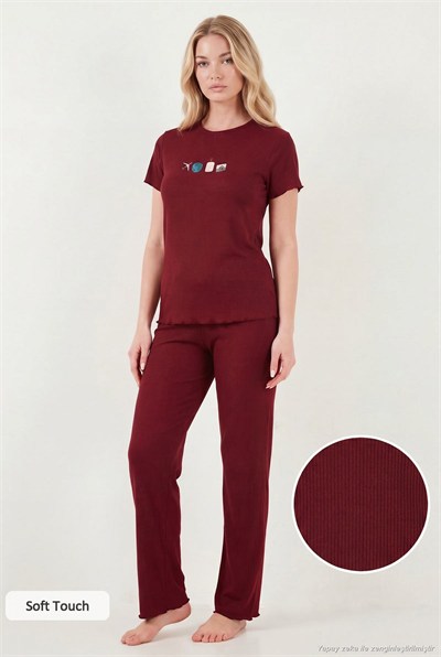 Regular Fit Desenli Bisiklet Yaka Kısa Kollu Kadın Pijama Takımı 65770823 BORDO