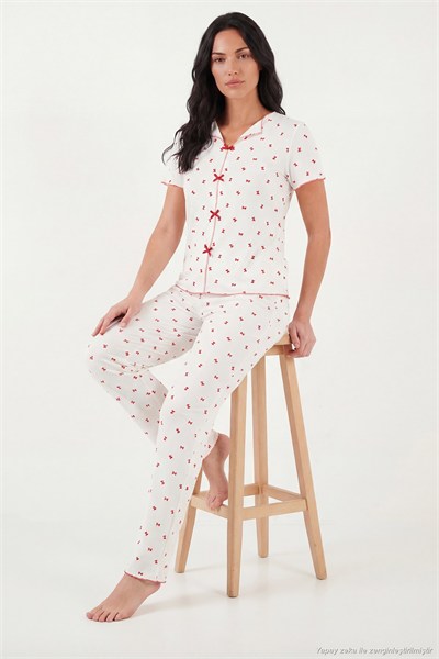 Regular Fit Desenli V Yaka Kısa Kollu Kadın Pijama Takımı 65770836 BEYAZ-KIRMIZI