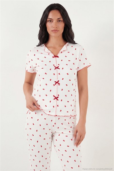 Regular Fit Desenli V Yaka Kısa Kollu Kadın Pijama Takımı 65770836 BEYAZ-KIRMIZI