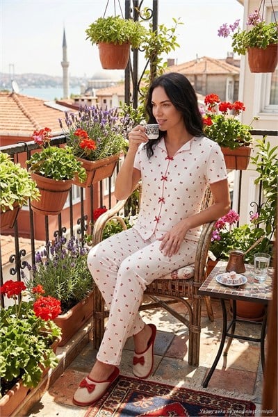 Regular Fit Desenli V Yaka Kısa Kollu Kadın Pijama Takımı 65770836 BEYAZ-KIRMIZI