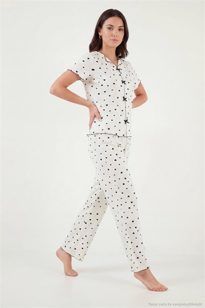 Regular Fit Desenli V Yaka Kısa Kollu Kadın Pijama Takımı 65770836 BEYAZ-SİYAH