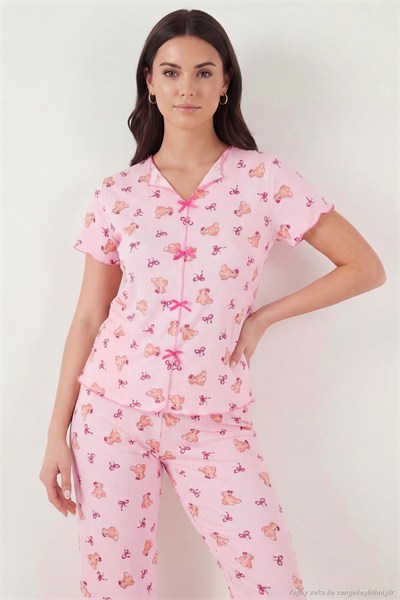 Regular Fit Desenli V Yaka Kısa Kollu Kadın Pijama Takımı 65770836 PEMBE