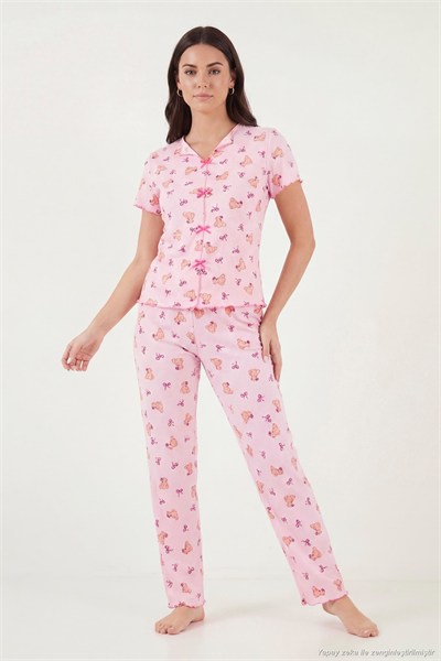 Regular Fit Desenli V Yaka Kısa Kollu Kadın Pijama Takımı 65770836 PEMBE