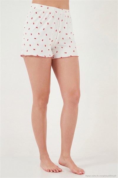 Regular Fit Desenli V Yaka Şortlu Kadın Pijama Takımı 65770837 BEYAZ-KIRMIZI