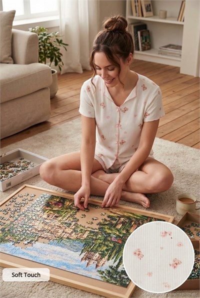 Regular Fit Desenli V Yaka Şortlu Kadın Pijama Takımı 65770837 BEYAZ-PEMBE