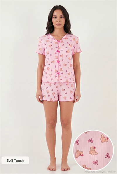 Regular Fit Desenli V Yaka Şortlu Kadın Pijama Takımı 65770837 PEMBE
