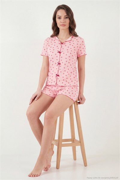Regular Fit Desenli V Yaka Şortlu Kadın Pijama Takımı 65770837 KIRMIZI-PEMBE