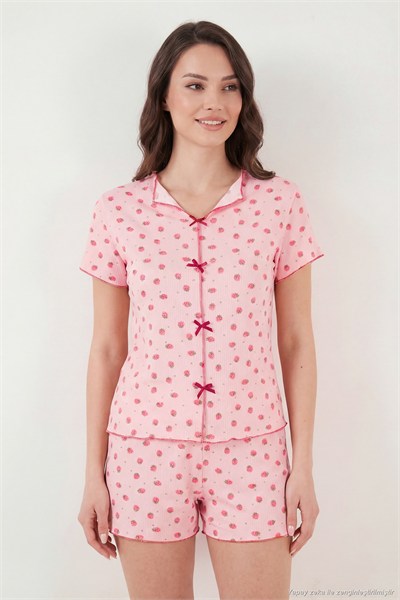 Regular Fit Desenli V Yaka Şortlu Kadın Pijama Takımı 65770837 KIRMIZI-PEMBE