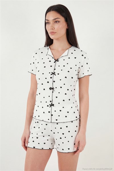 Regular Fit Desenli V Yaka Şortlu Kadın Pijama Takımı 65770837 SİYAH-BEYAZ