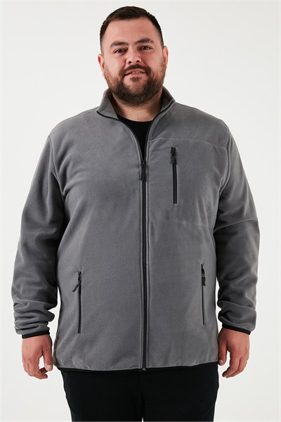 Regular Fit Dik Yaka Fermuarlı Büyük Beden Polar Erkek Hırka 5906028B GRİ
