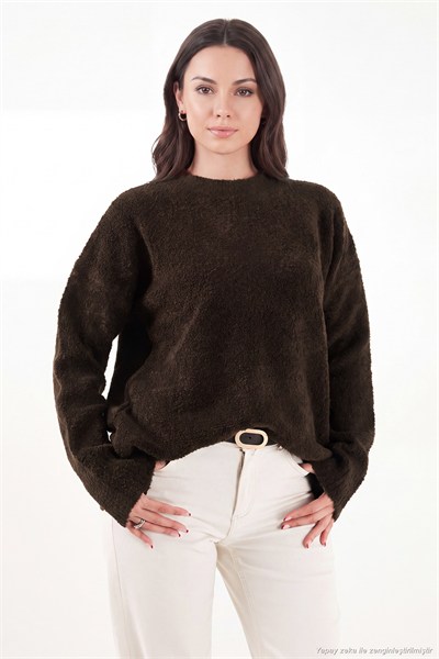 Regular Fit Dik Yaka Yumuşak Dokulu Triko Kadın Kazak 4616222 KAHVE