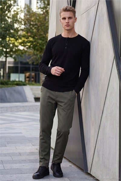 Regular Fit Düz Paça Bağlamalı Erkek Pantolon 6843700 HAKİ
