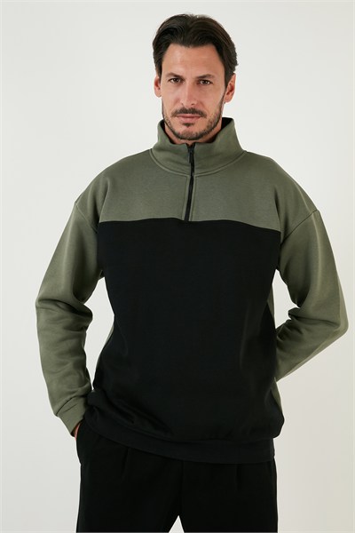 Regular Fit Fermuarlı Dik Yaka İçi Tüylü Yumuşak Şardonlu Kışlık Erkek Sweat 5905343 SİYAH-HAKİ