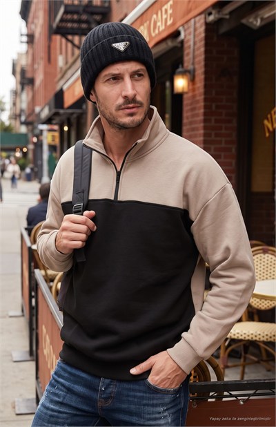 Regular Fit Fermuarlı Dik Yaka İçi Tüylü Yumuşak Şardonlu Kışlık Erkek Sweat 5905343 SÜTLÜ KAHVE