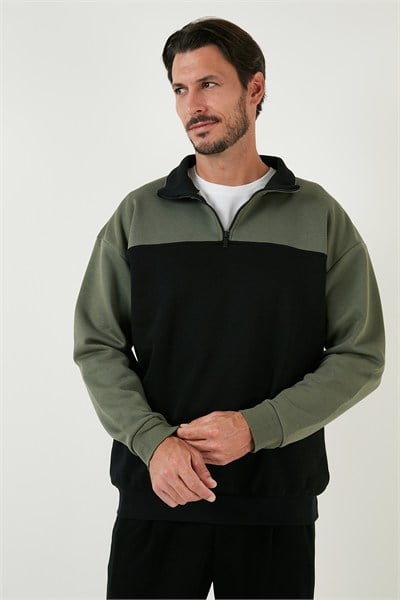 Regular Fit Fermuarlı Dik Yaka İçi Tüylü Yumuşak Şardonlu Kışlık Erkek Sweat 5905343 SİYAH-HAKİ