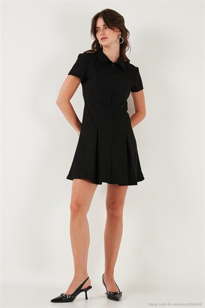 Regular Fit Fermuarlı Polo Yaka Kısa Kollu Pileli Süet Kadın Elbise 5866438 SİYAH