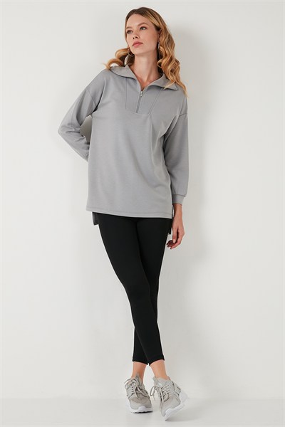 Regular Fit Fermuarlı Yaka Önü Kısa Arkası Uzun Kadın Sweat 5865876 GRİ