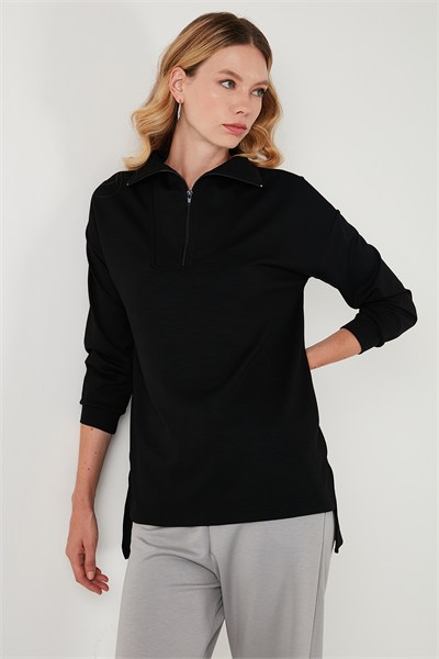Regular Fit Fermuarlı Yaka Önü Kısa Arkası Uzun Kadın Sweat 5865876 SİYAH