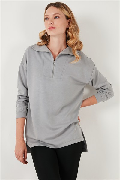 Regular Fit Fermuarlı Yaka Önü Kısa Arkası Uzun Kadın Sweat 5865876 GRİ