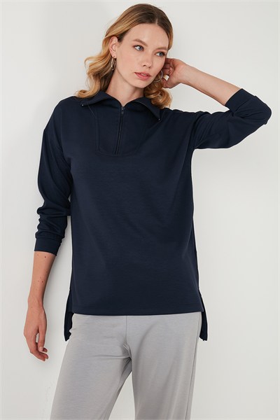 Regular Fit Fermuarlı Yaka Önü Kısa Arkası Uzun Kadın Sweat 5865876 LACİVERT
