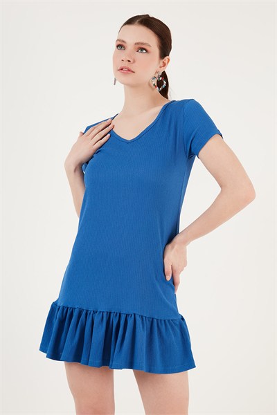 Regular Fit Fırfırlı V Yaka Bürümcük Mini Kadın Elbise 5865071 SAKS