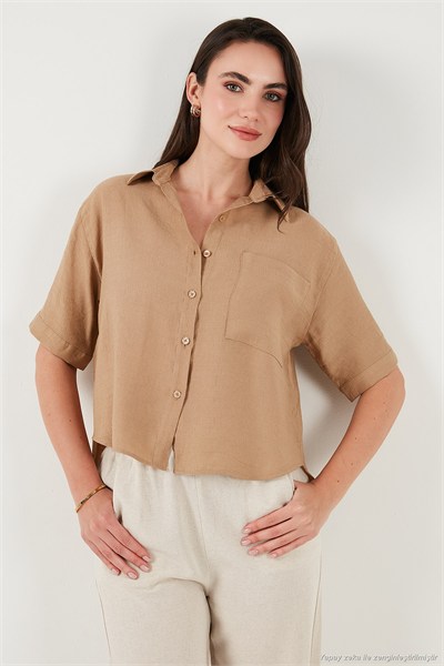 Regular Fit Göğüs Cepli Kısa Kollu Kadın Gömlek 6779324 BİSKÜVİ