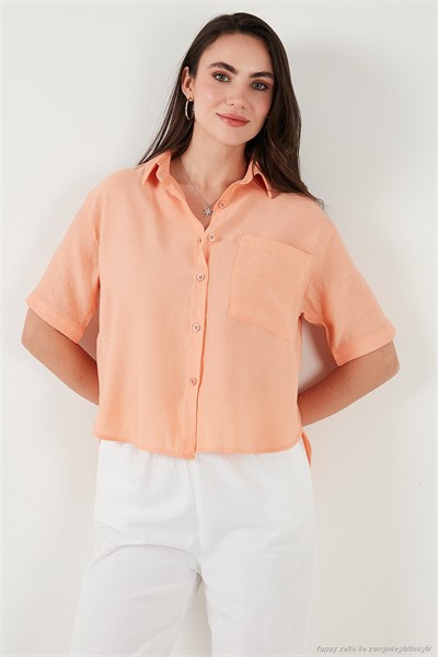 Regular Fit Göğüs Cepli Kısa Kollu Kadın Gömlek 6779324 ORANJ