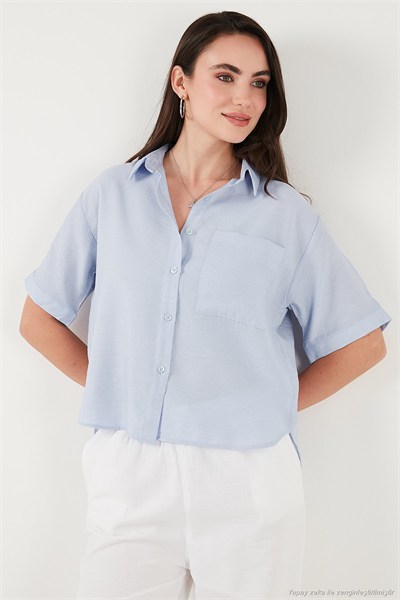 Regular Fit Göğüs Cepli Kısa Kollu Kadın Gömlek 6779324 BEBE MAVİ
