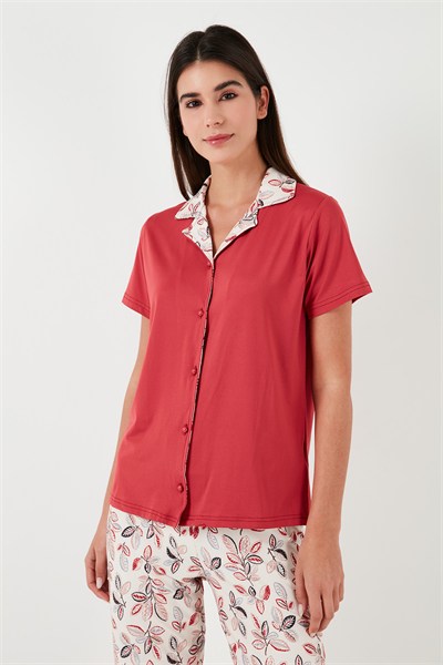 Regular Fit Gömlek Yaka Kısa Kollu Kadın Pijama Takımı 65730101 KIRMIZI