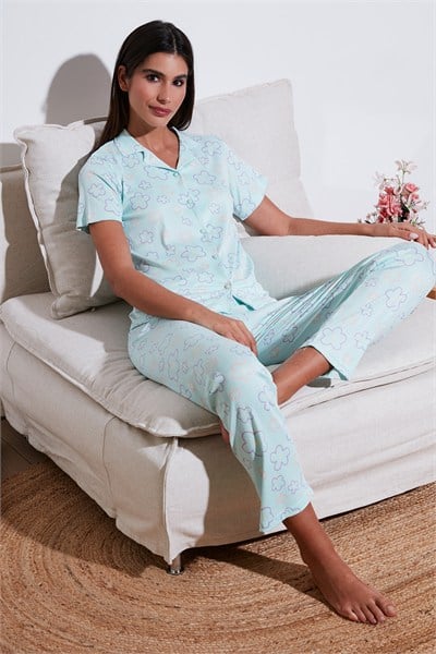 Regular Fit Gömlek Yaka Kısa Kollu Kadın Pijama Takımı 65780124 SU YEŞİLİ