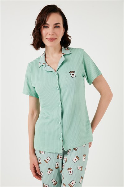 Regular Fit Gömlek Yaka Kısa Kollu Kadın Pijama Takımı 65740102 Mint-Bej